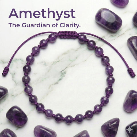 Hand-knotted 6mm natural deep violet Amethyst gemstone bracelet with an adjustable minimalist closure.