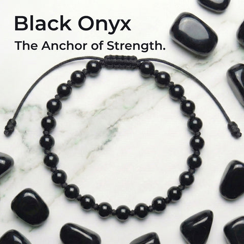 Hand-knotted 6mm natural Black Onyx gemstone bracelet with an adjustable minimalist closure.