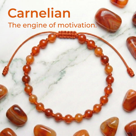 Hand-knotted 6mm natural fiery orange Carnelian gemstone bracelet with an adjustable minimalist closure.